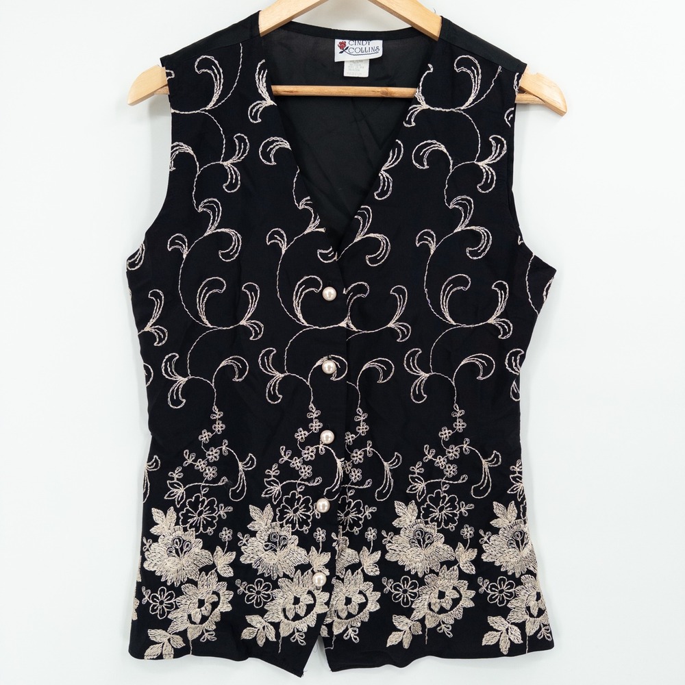Vintage 90s Floral Embroidered Vest Womens M Black Gold Cottage Witchy‎ Teacher
